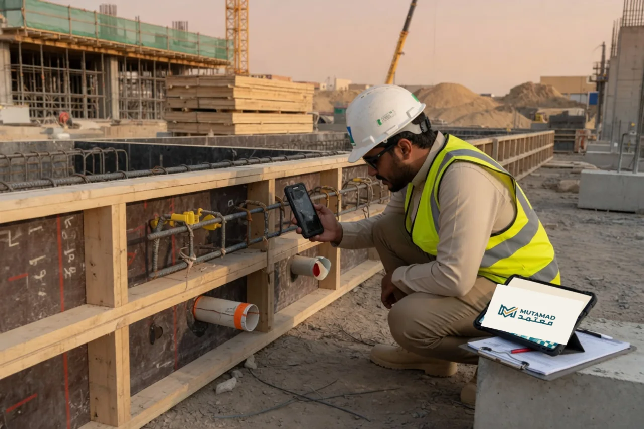 مهندس موقع يوثّق نقطة فحص ميدانية وبجواره جهاز يعرض شعار معتمد